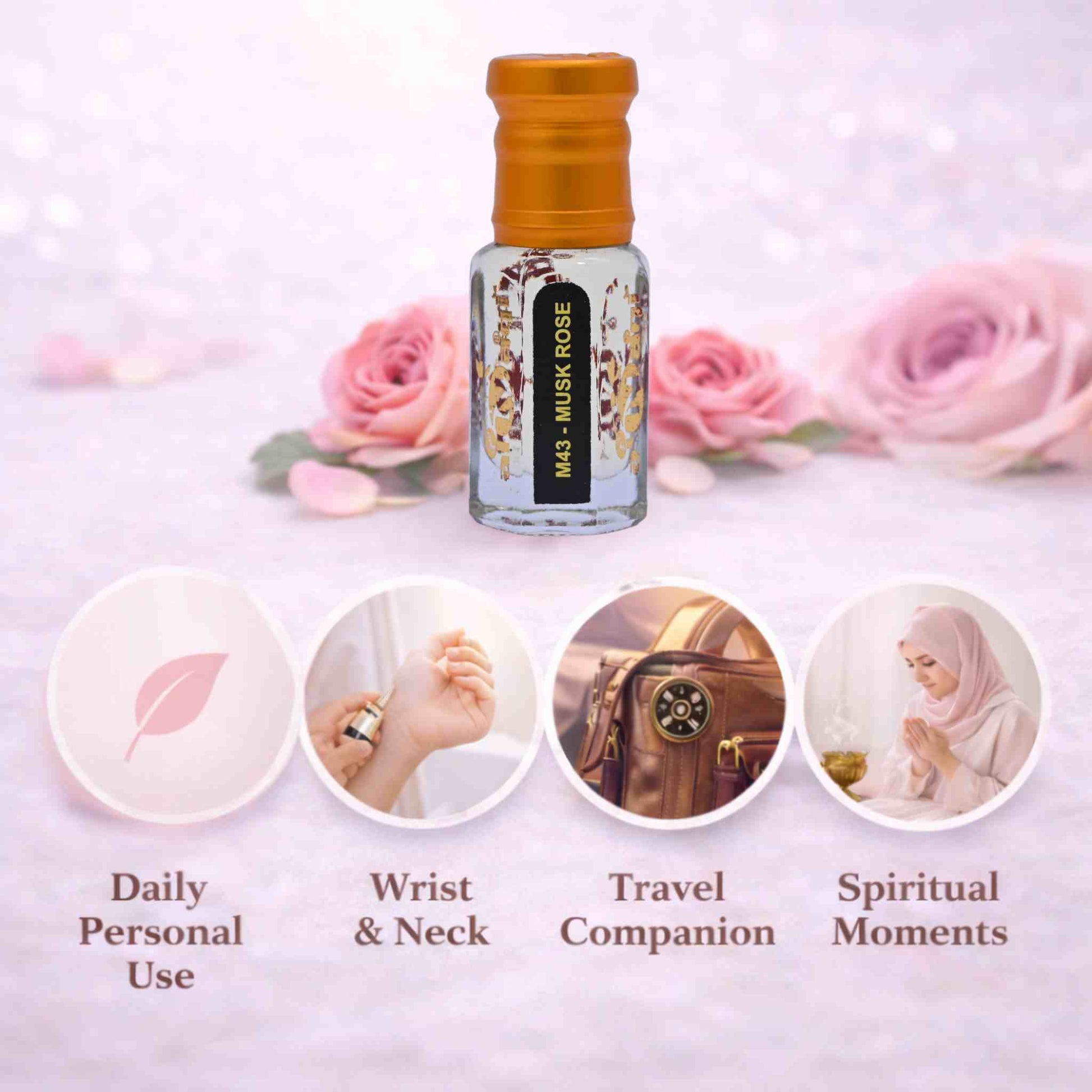 Perfume bottle with usage tips on a soft pink background with roses