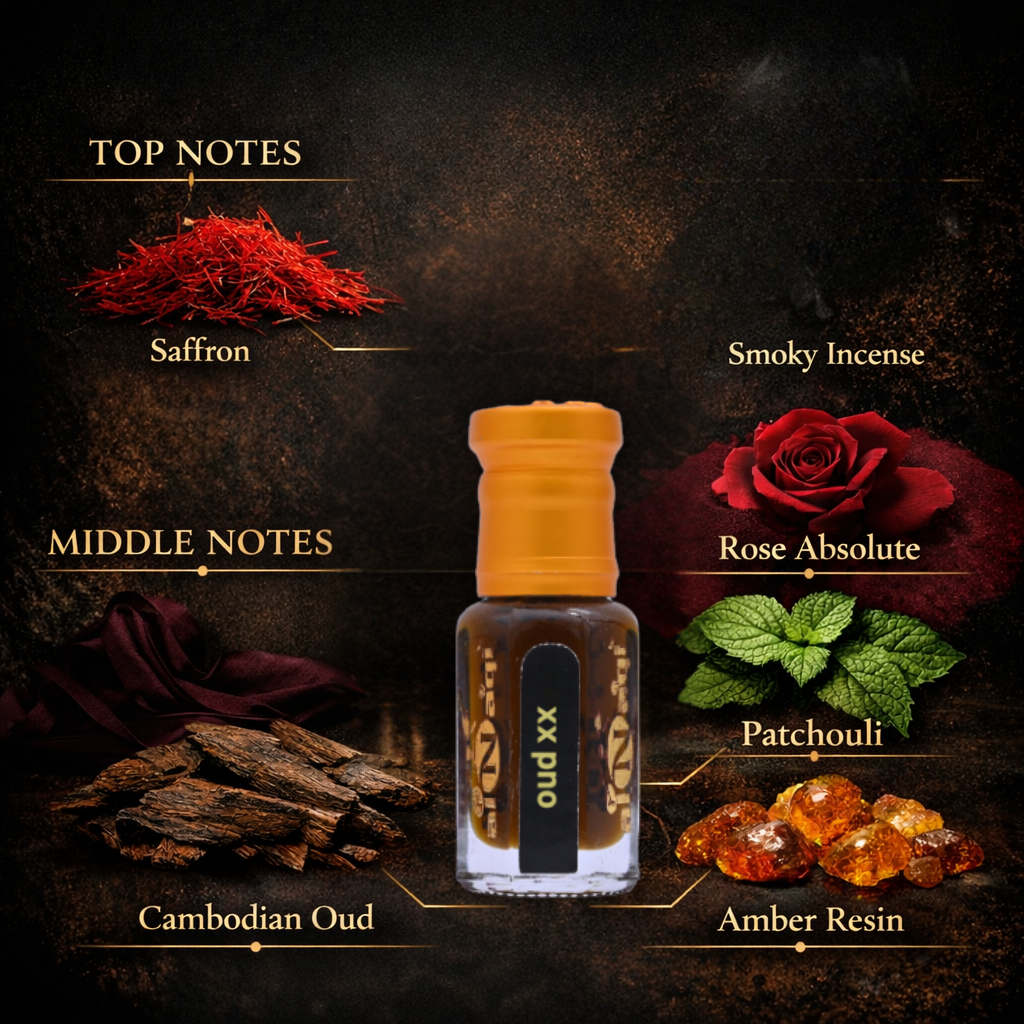 Alnaqi Oud XX Essence showcased in luxury setting
