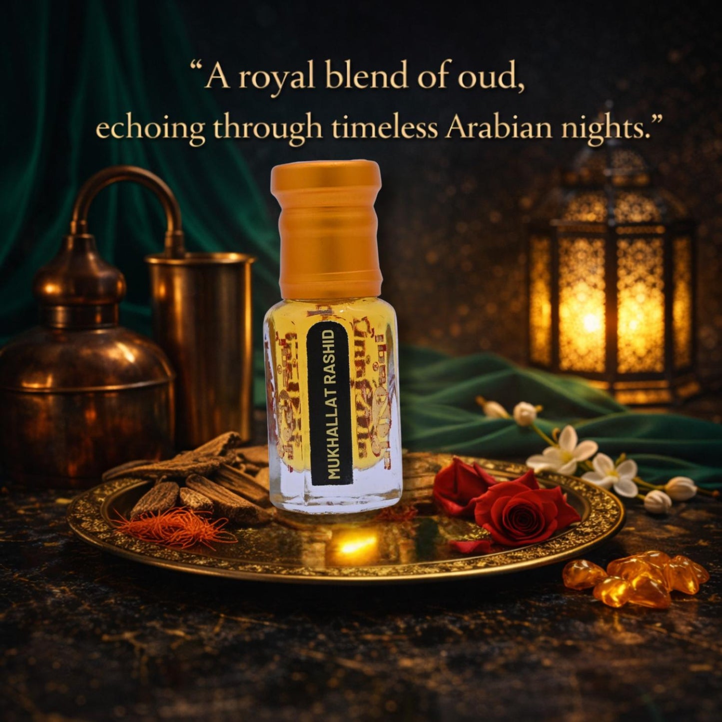 Bottle of alNaqi perfume on a wooden stand with a plain background
