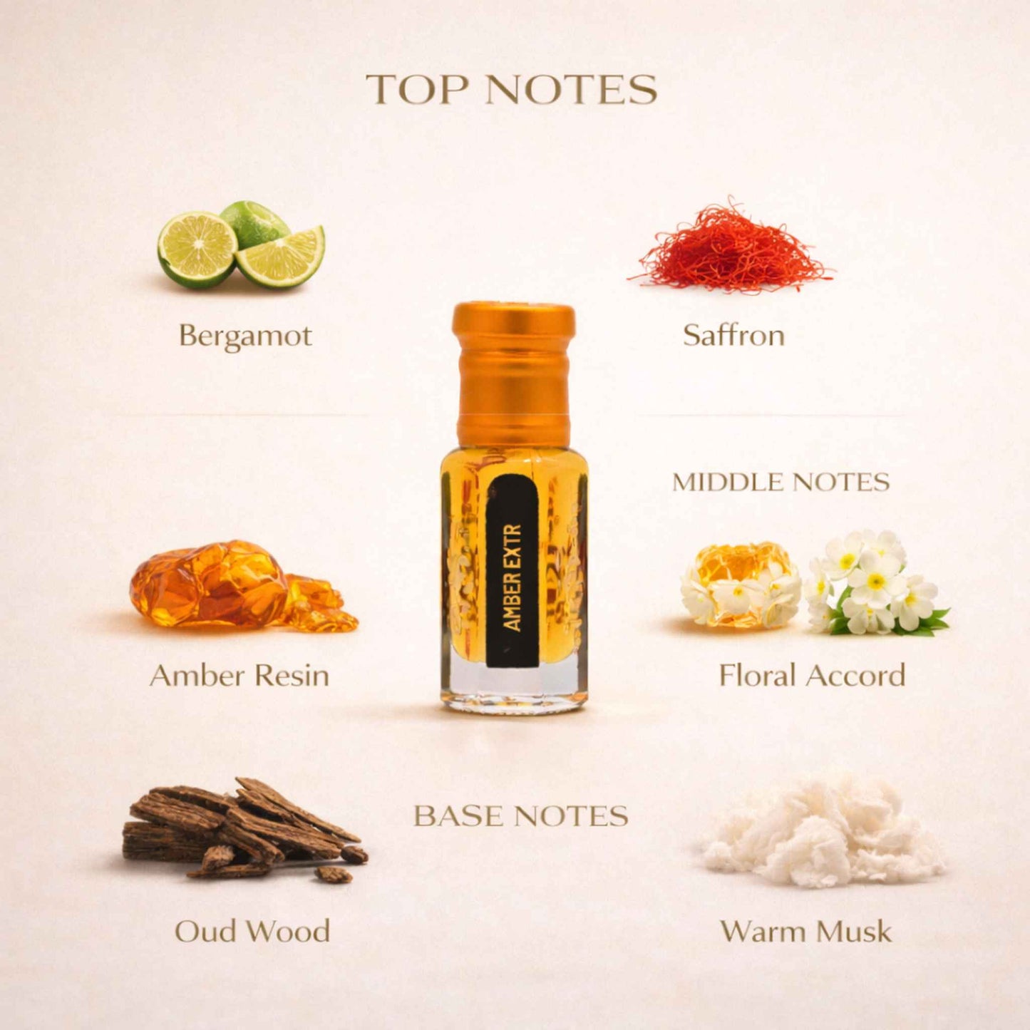 Amber Extrax perfume bottle with top, middle, and base notes labeled on a light background