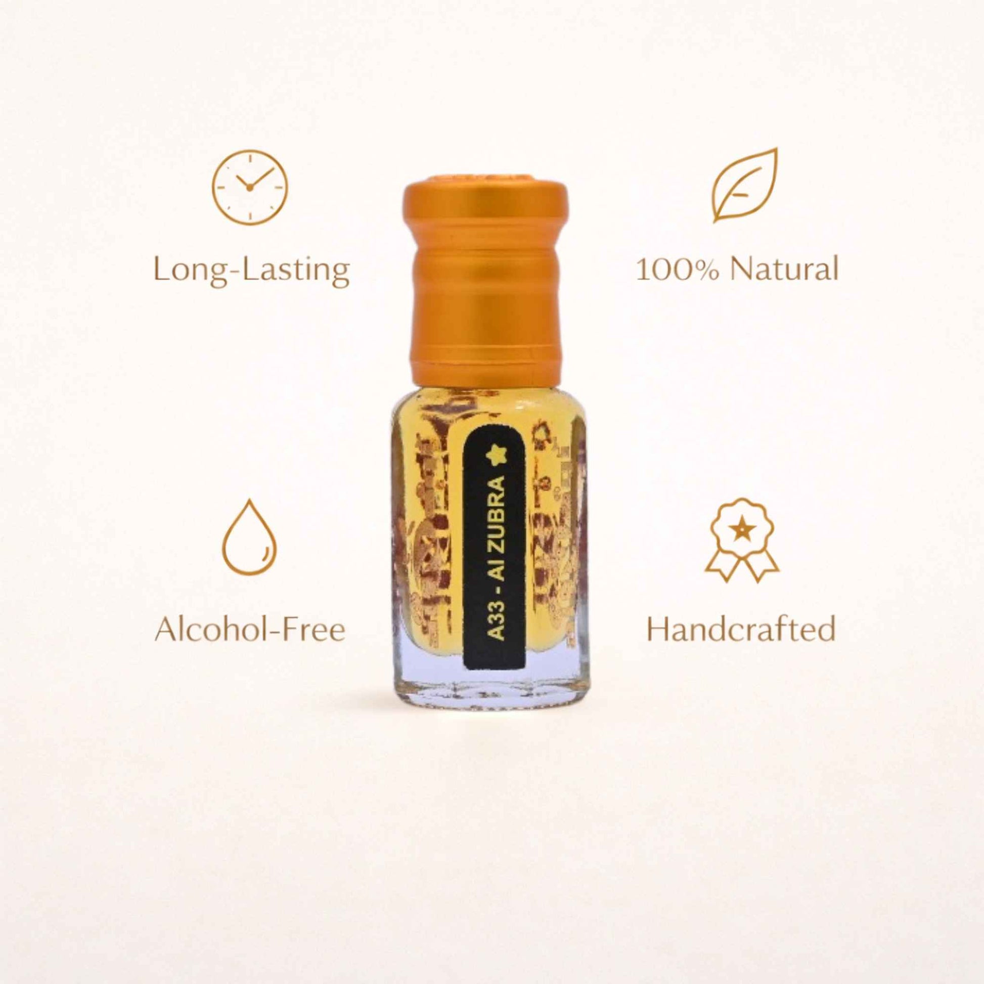 Small bottle with gold cap and label on a white background, featuring icons and text about product attributes.