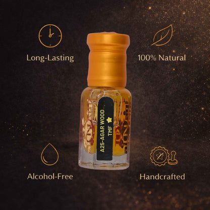 Small bottle with gold cap on a dark background with text about product features.