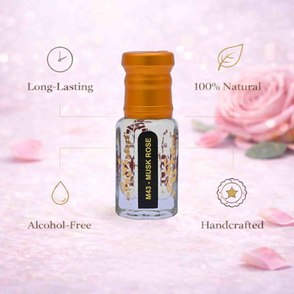 Perfume bottle with gold cap on a pink floral background, featuring text about product attributes.