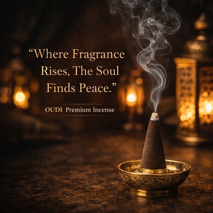 OUDI Premium Incense cone with smoke on a dark background with lanterns.