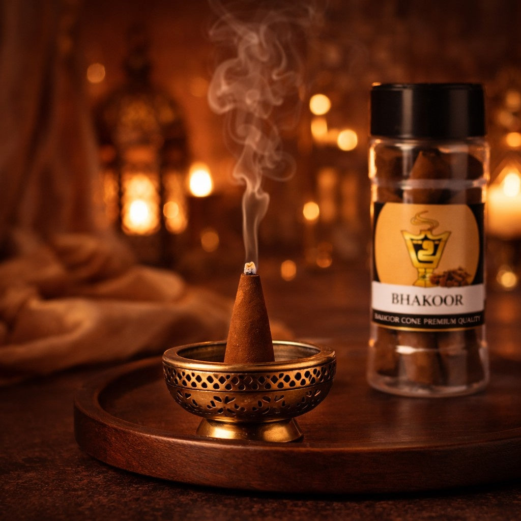 Incense cone with smoke and a bottle labeled 'Bhakoor' on a wooden tray with a warm, blurred background.
