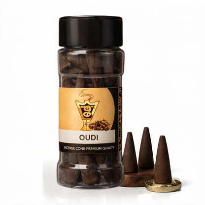 Bottle of Oudi incense cones with cones displayed on a white background