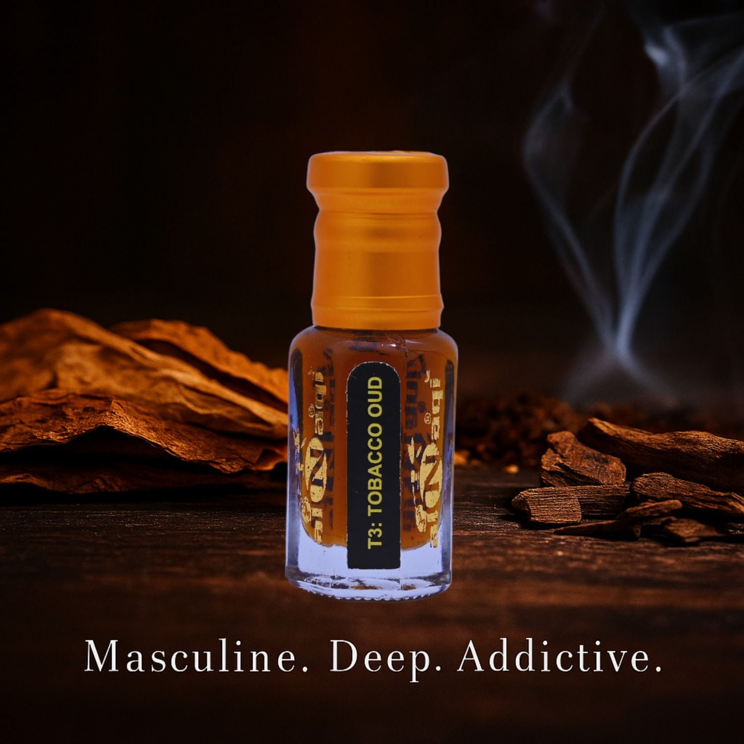 Bottle of T3 Tobacco Oud perfume with smoke and wood in the