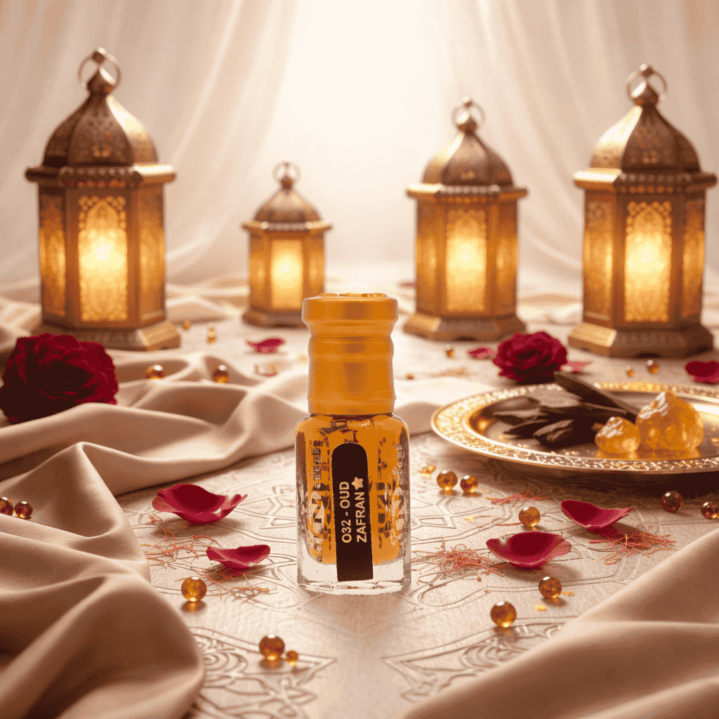 Men Perfume bottle with decorative lanterns and flowers on a table