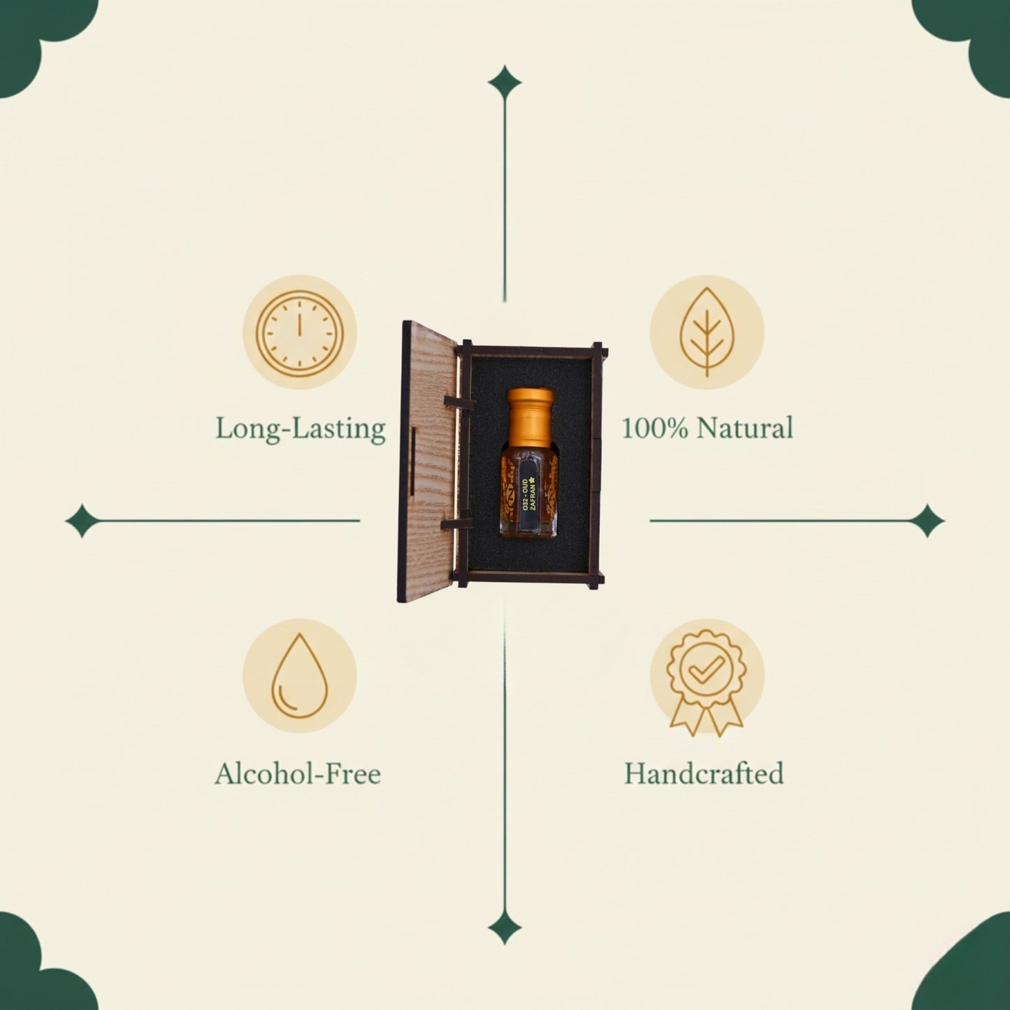 Product packaging with icons and text highlighting features on a beige background