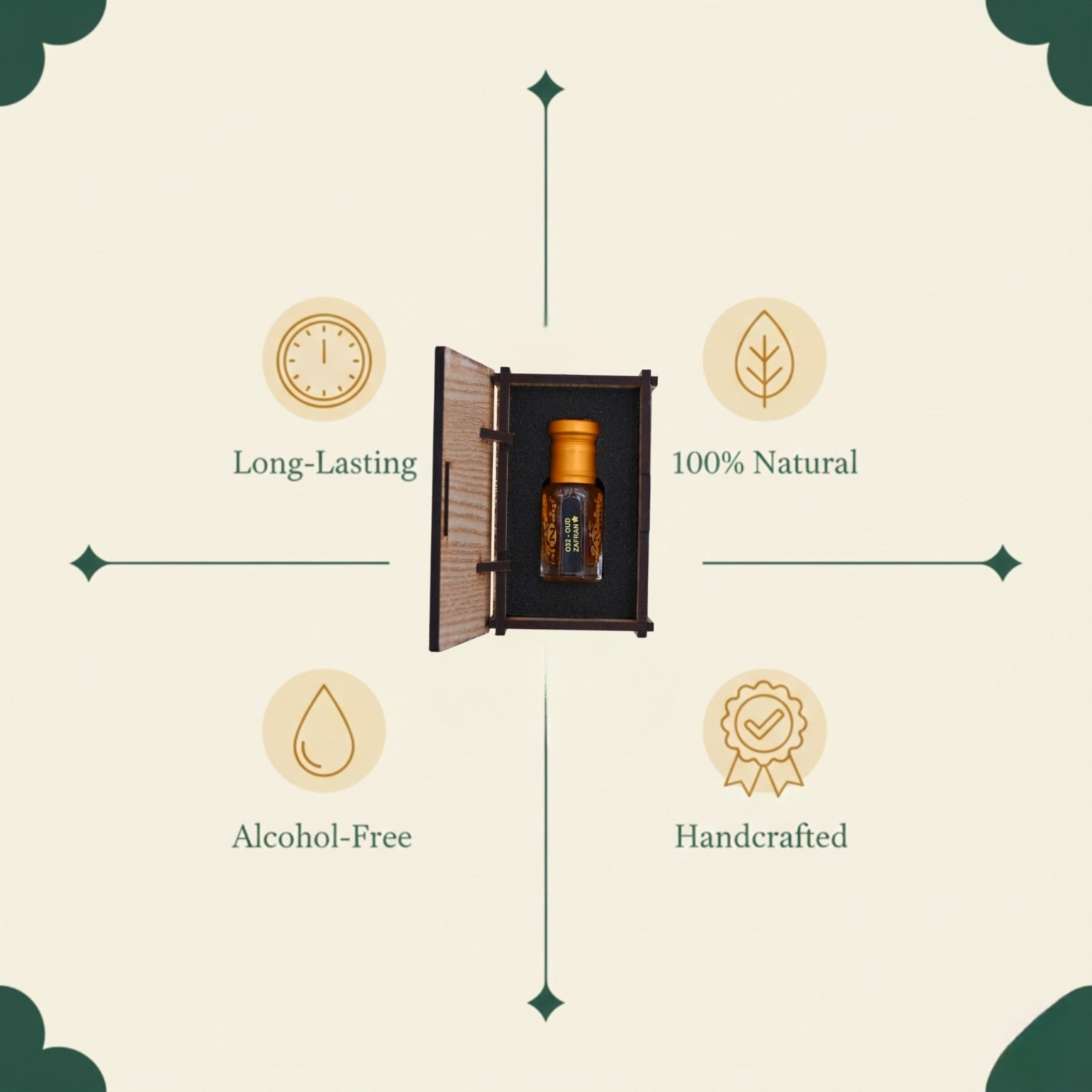 Product packaging with icons and text highlighting features on a beige background