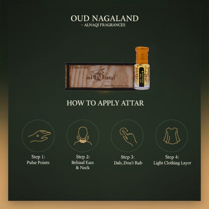 Oud Nagaland attar with application instructions on a dark background