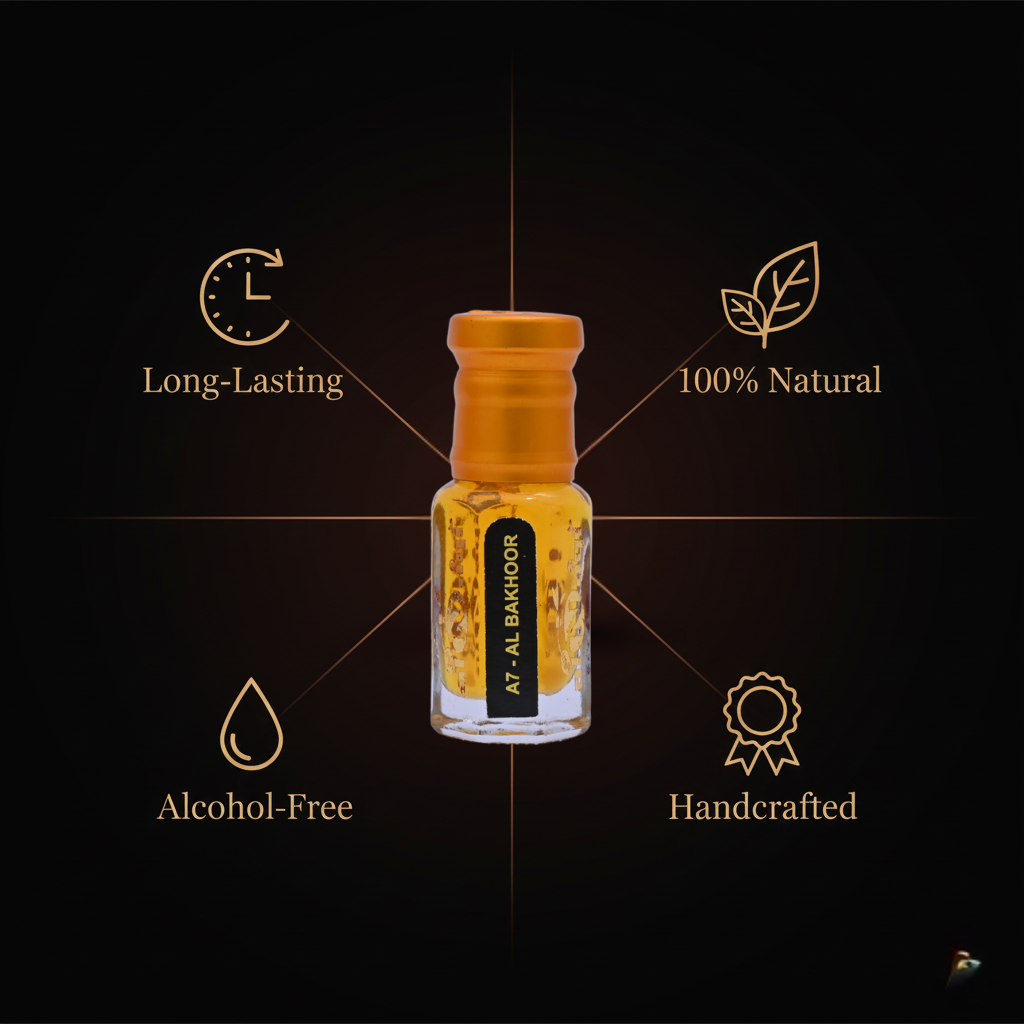 Sleek glass container of Bhakoor Attar showcasing its premium quality.
