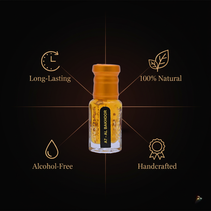 Sleek glass container of Bhakoor Attar showcasing its premium quality.
