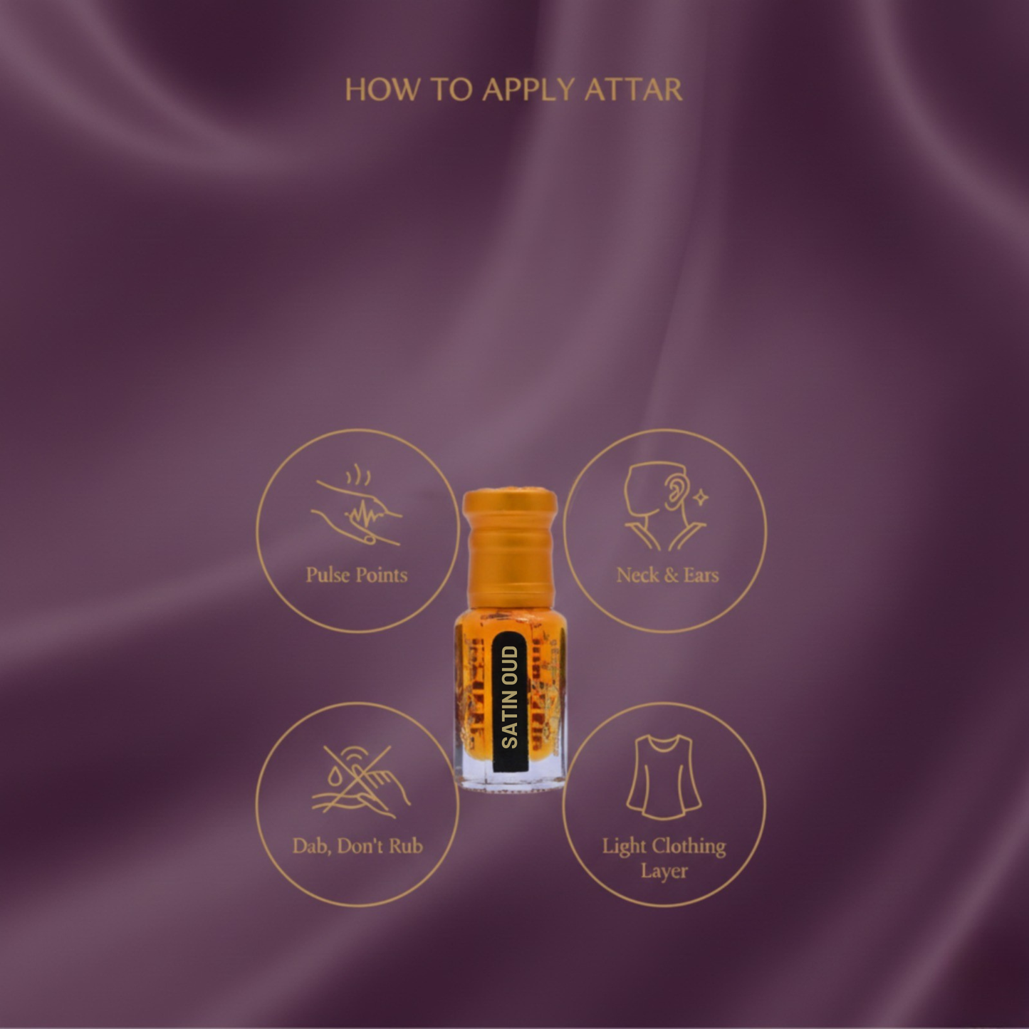 Satin Oud attar bottle with application instructions on a purple fabric background