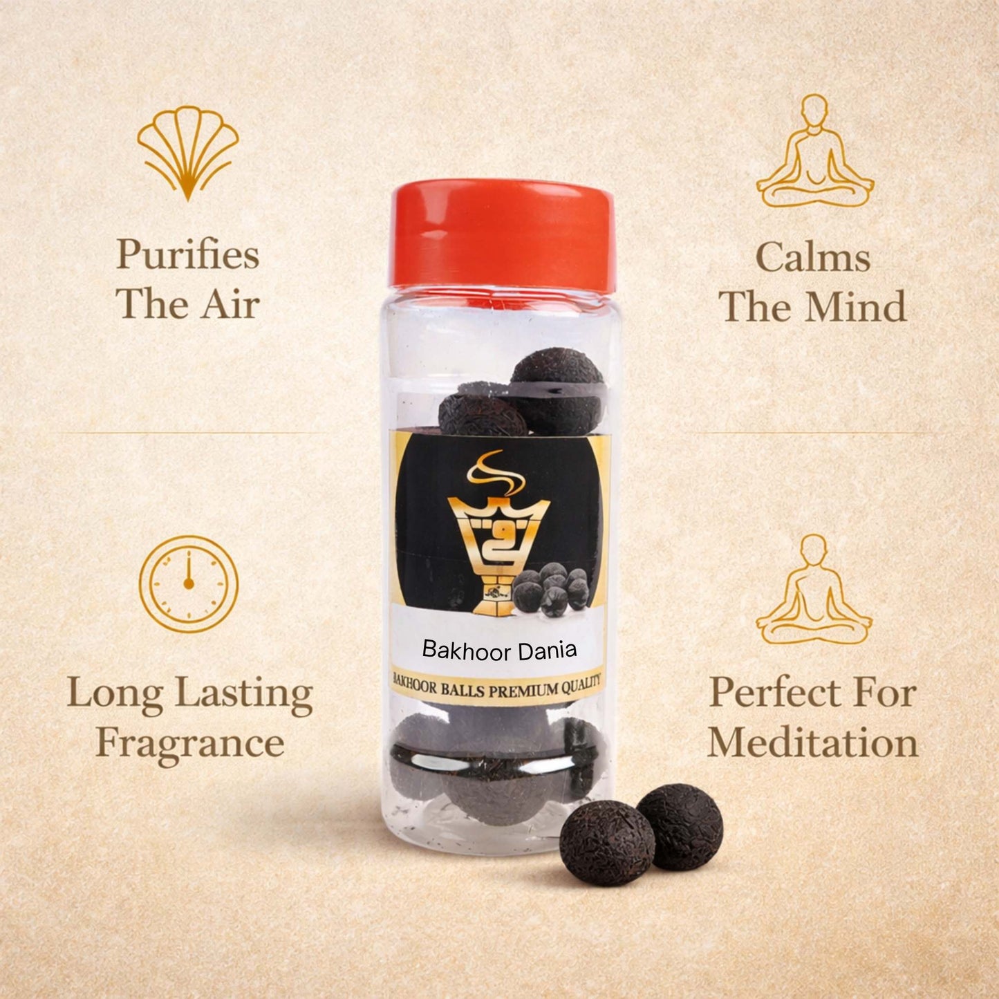Bottle of Bakhoor Dania with text highlighting its benefits on a beige background