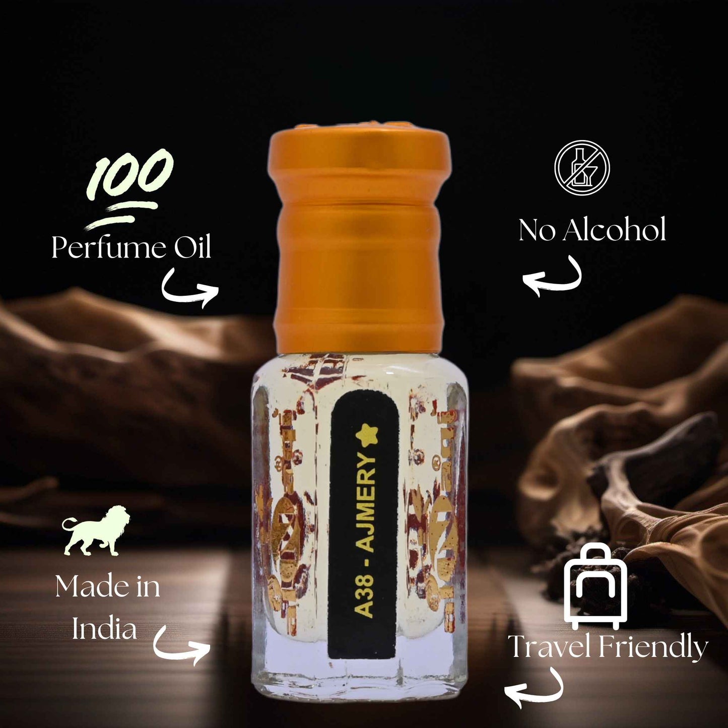 Perfume oil bottle with branding and product features on a dark background