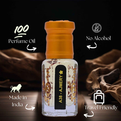 Perfume oil bottle with branding and product features on a dark background
