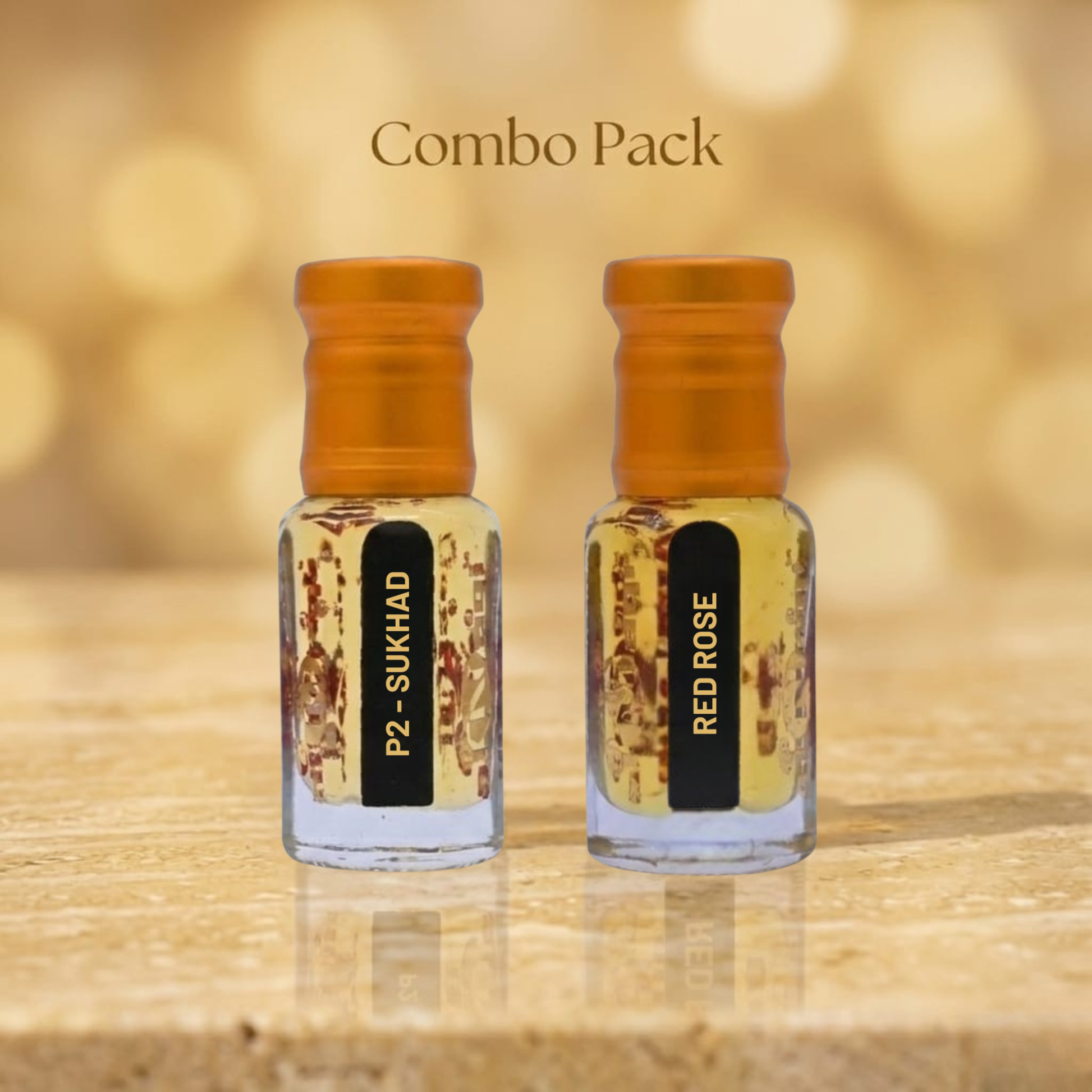 Two perfume bottles labeled 'P2 Sukhad' and 'Red Rose' on a wooden surface with a blurred background.