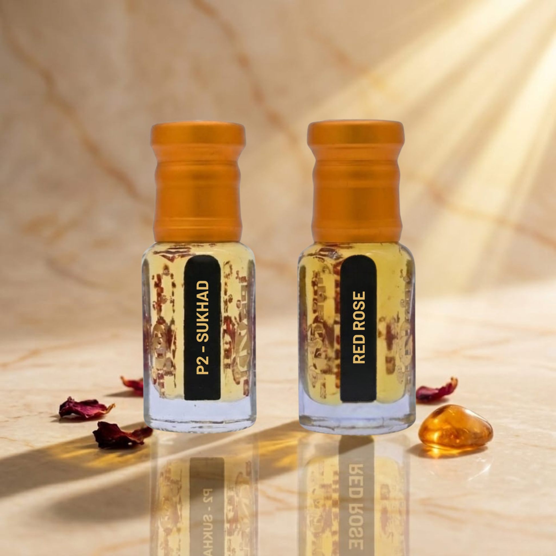 Two perfume bottles labeled 'F2 Sukhad' and 'Red Rose' on a reflective surface with a warm background.