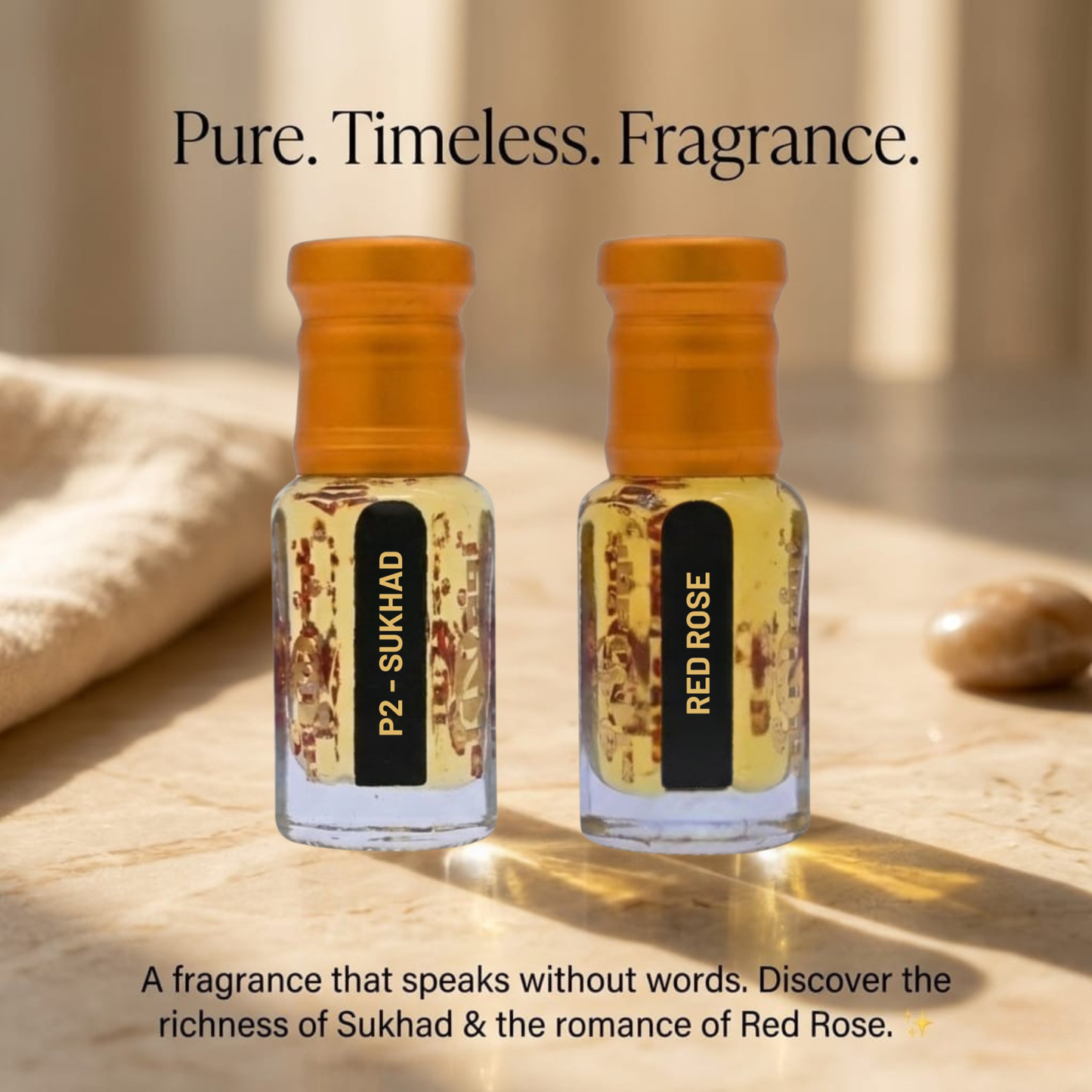 Two small bottles of perfume labeled 'R2 Sukhad' and 'Red Rose' on a wooden surface with a neutral background.