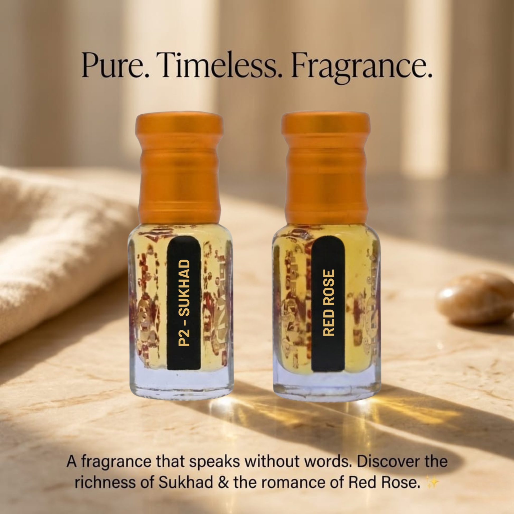 Two small bottles of perfume labeled 'R2 Sukhad' and 'Red Rose' on a wooden surface with a neutral background.