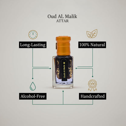 Oud Al Malik Attar bottle with features listed on a light gray background