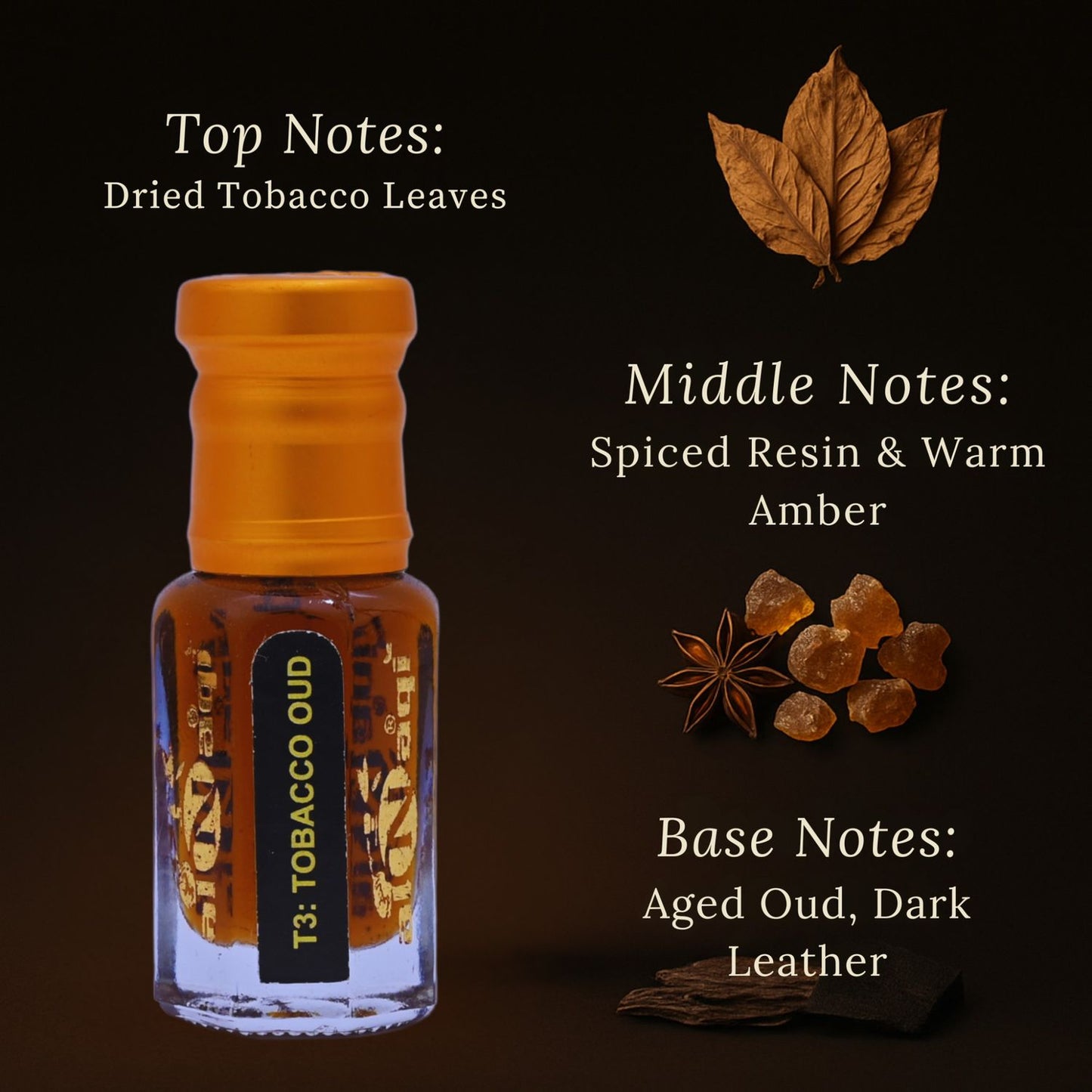 Bottle of tobacco-scented oil with notes displayed on a dark