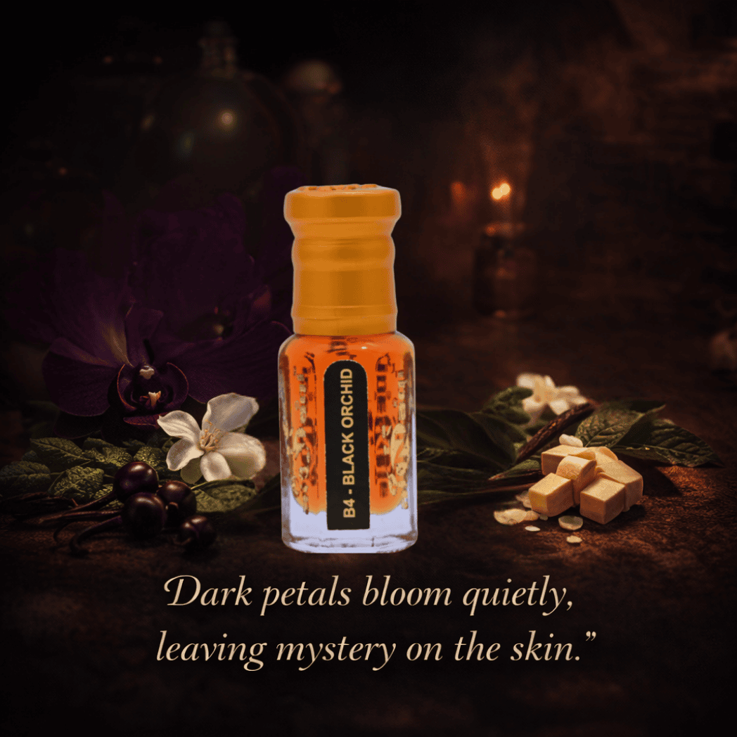Elegant glass bottle showcasing luxurious dark perfume oil