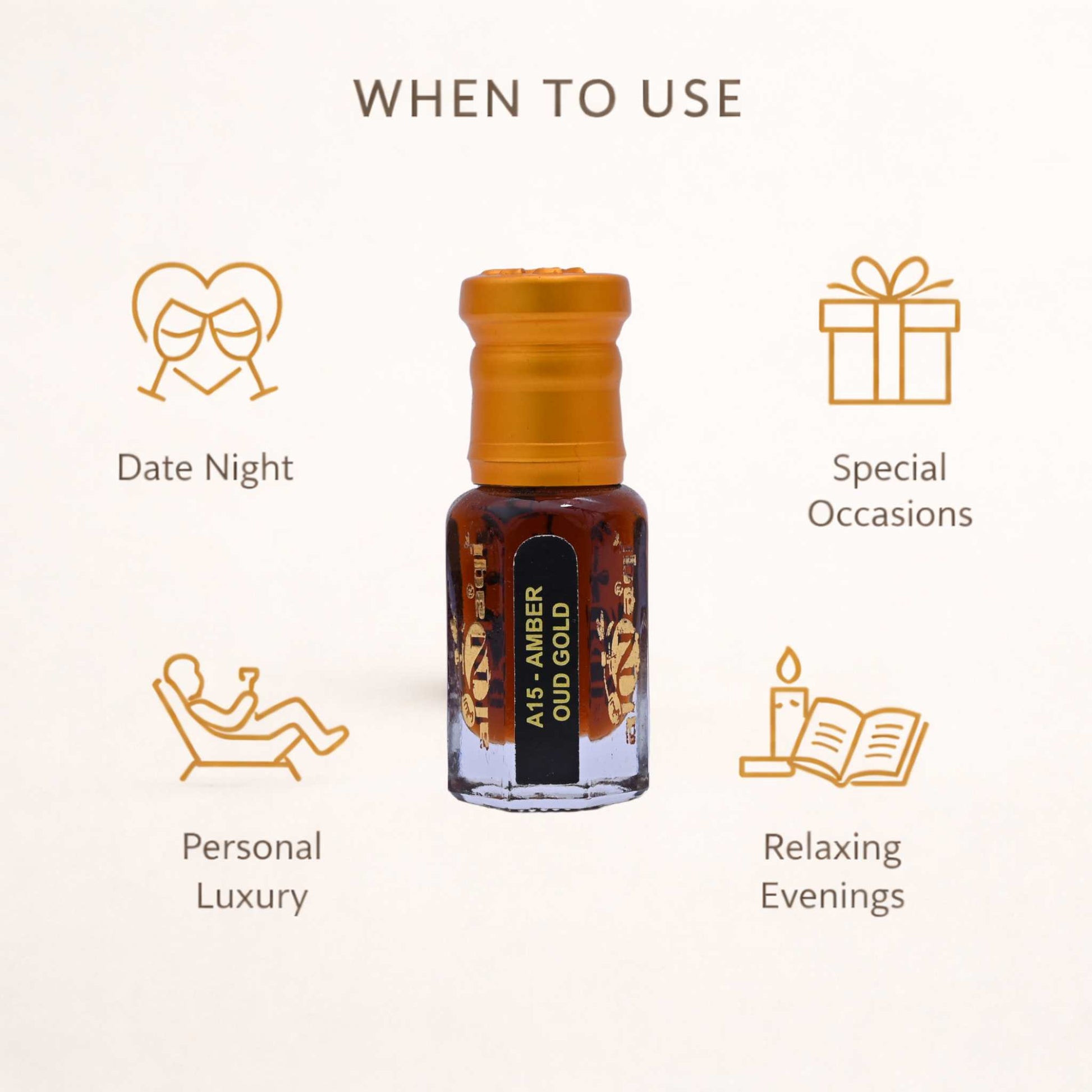 A bottle of A15 Amber Oud Gold with usage icons for date night, special occasions, personal luxury, and relaxing evenings on a white background.