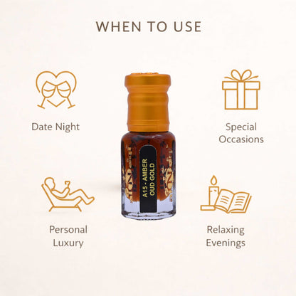 A bottle of A15 Amber Oud Gold with usage icons for date night, special occasions, personal luxury, and relaxing evenings on a white background.