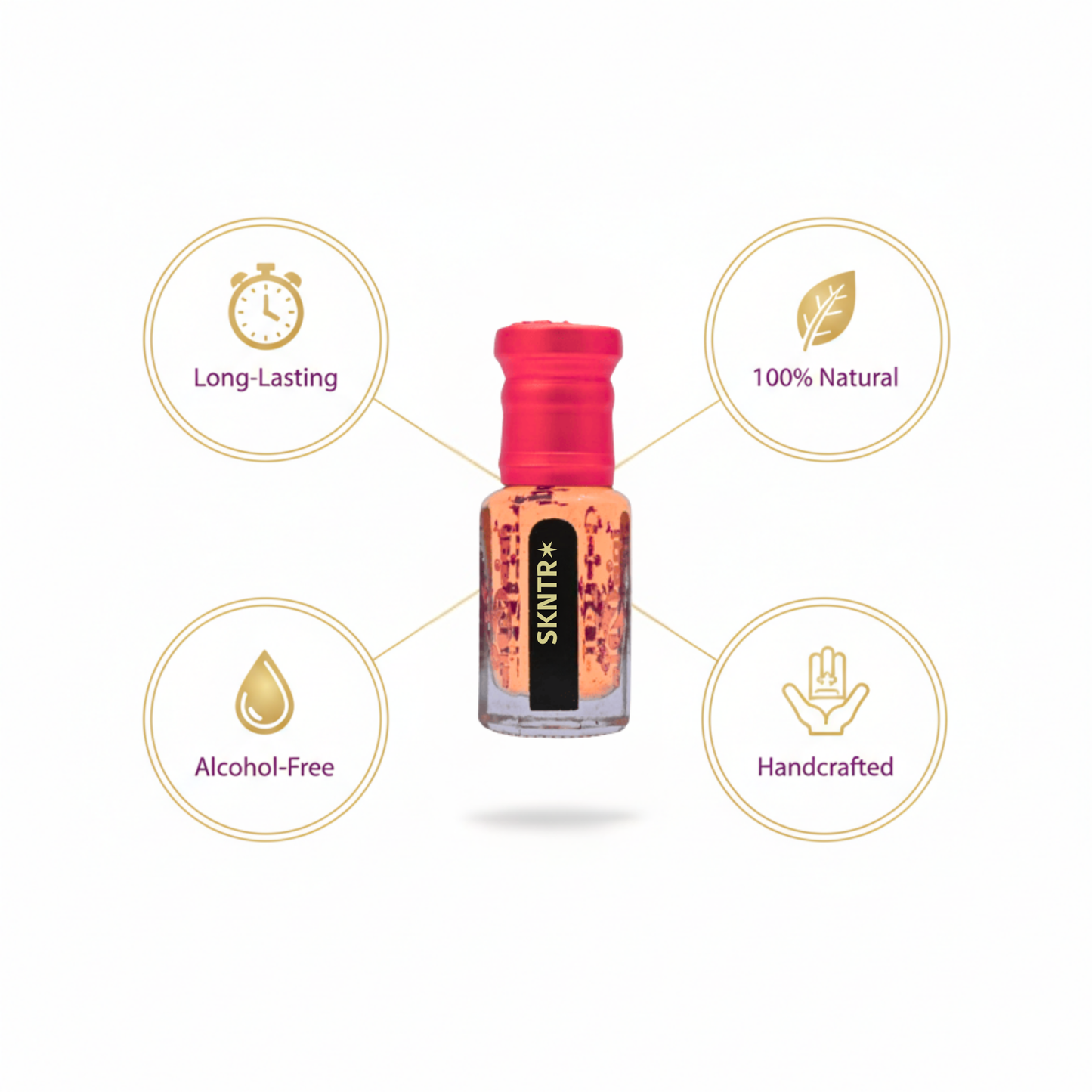 SKYNTRA+ product with features 'Long-Lasting', '100% Natural', 'Alcohol-Free', and 'Handcrafted' on a white background.