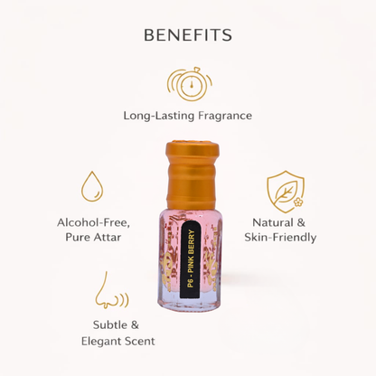 Perfume bottle with benefits listed on a white background