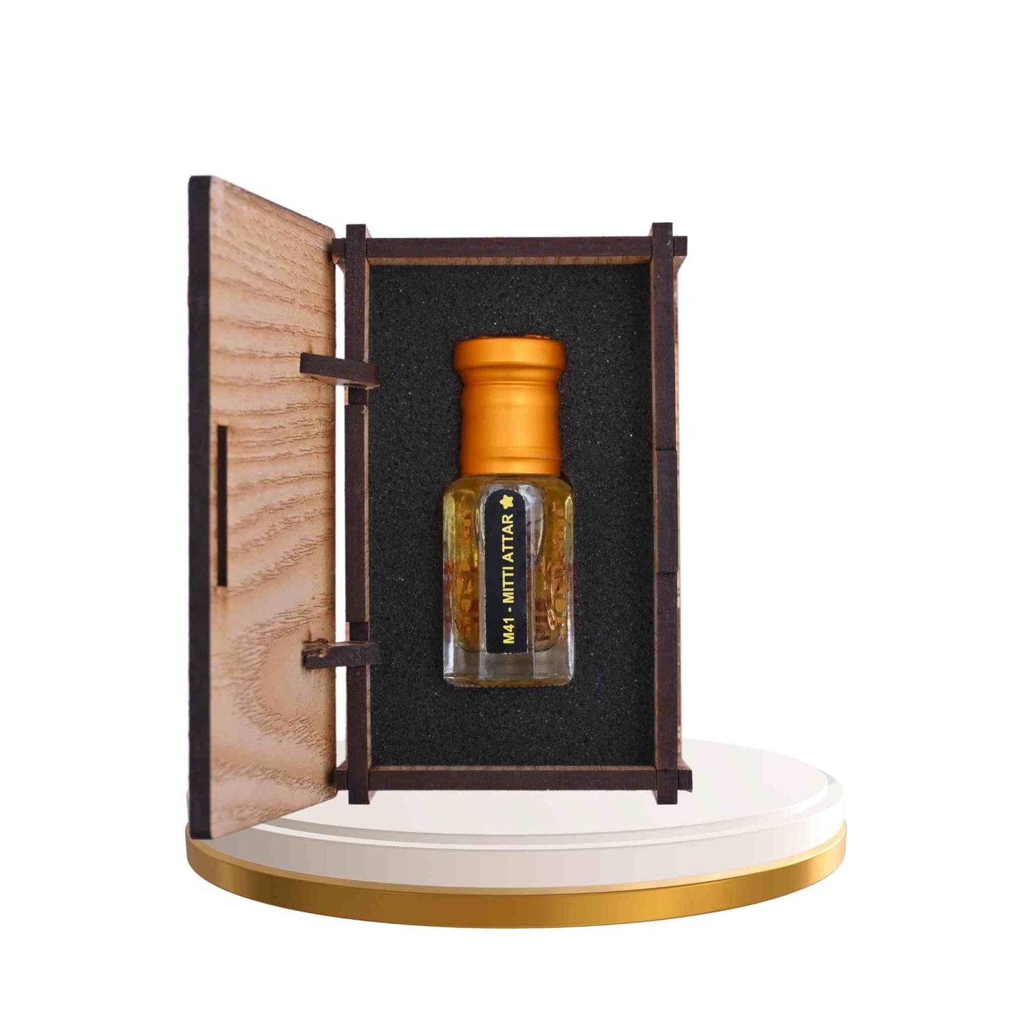 Bottle of Mawlavi Attar in a wooden box on a white platform