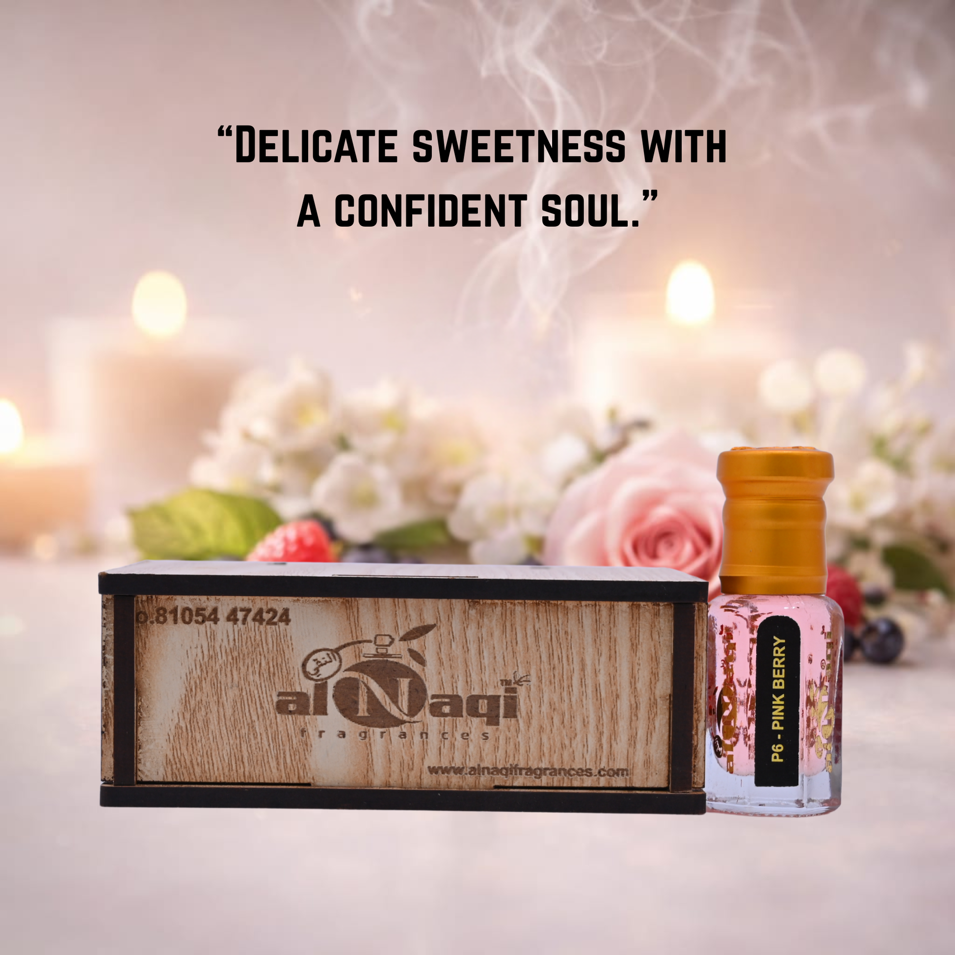 Perfume bottle with wooden box and floral background