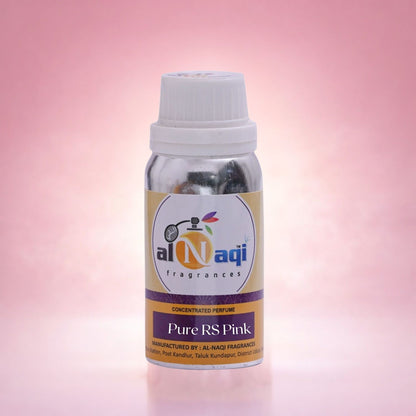 Al-Naqi Pure RS Pink perfume bottle on a gradient pink background