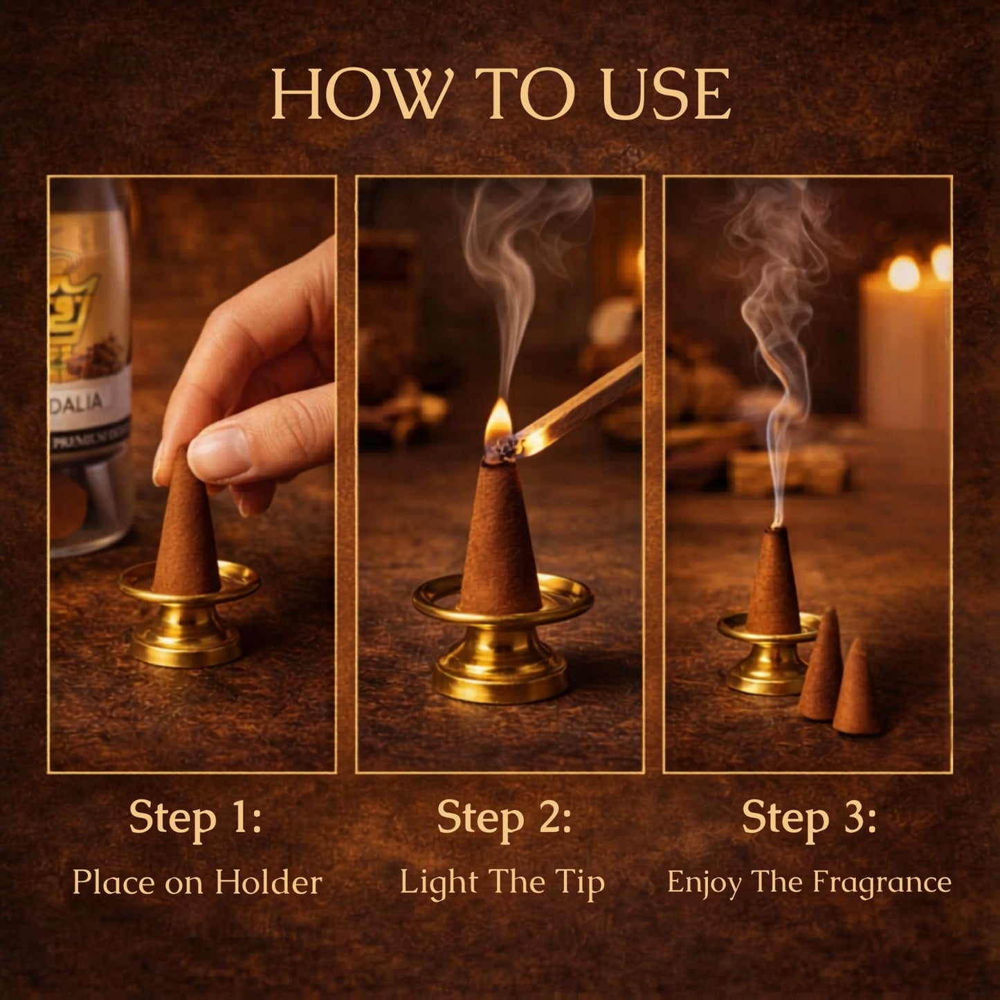 Instructions on how to use incense cones with a step-by-step guide on a brown background.