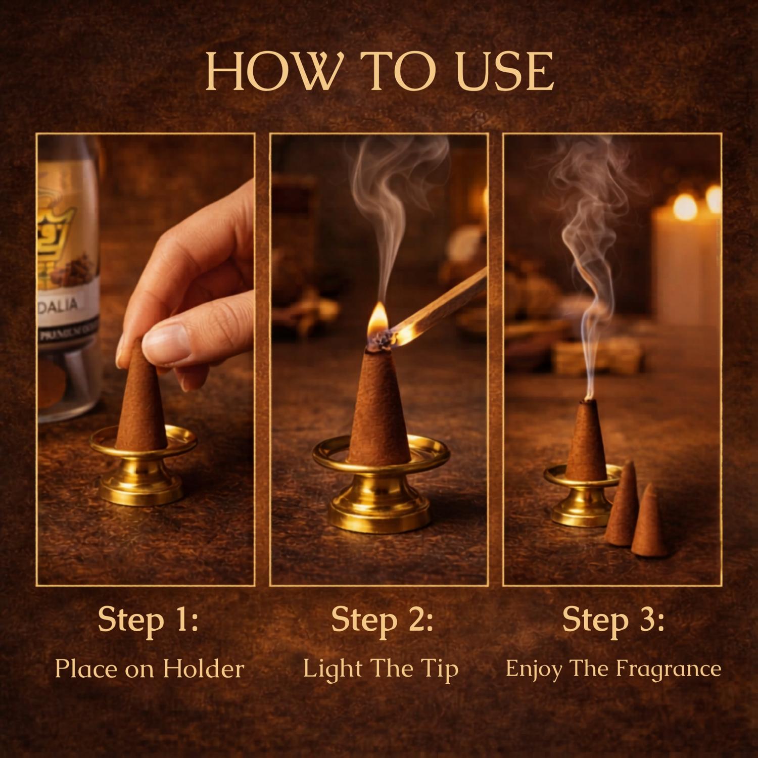 Instructions on how to use incense cones with a step-by-step guide on a brown background.