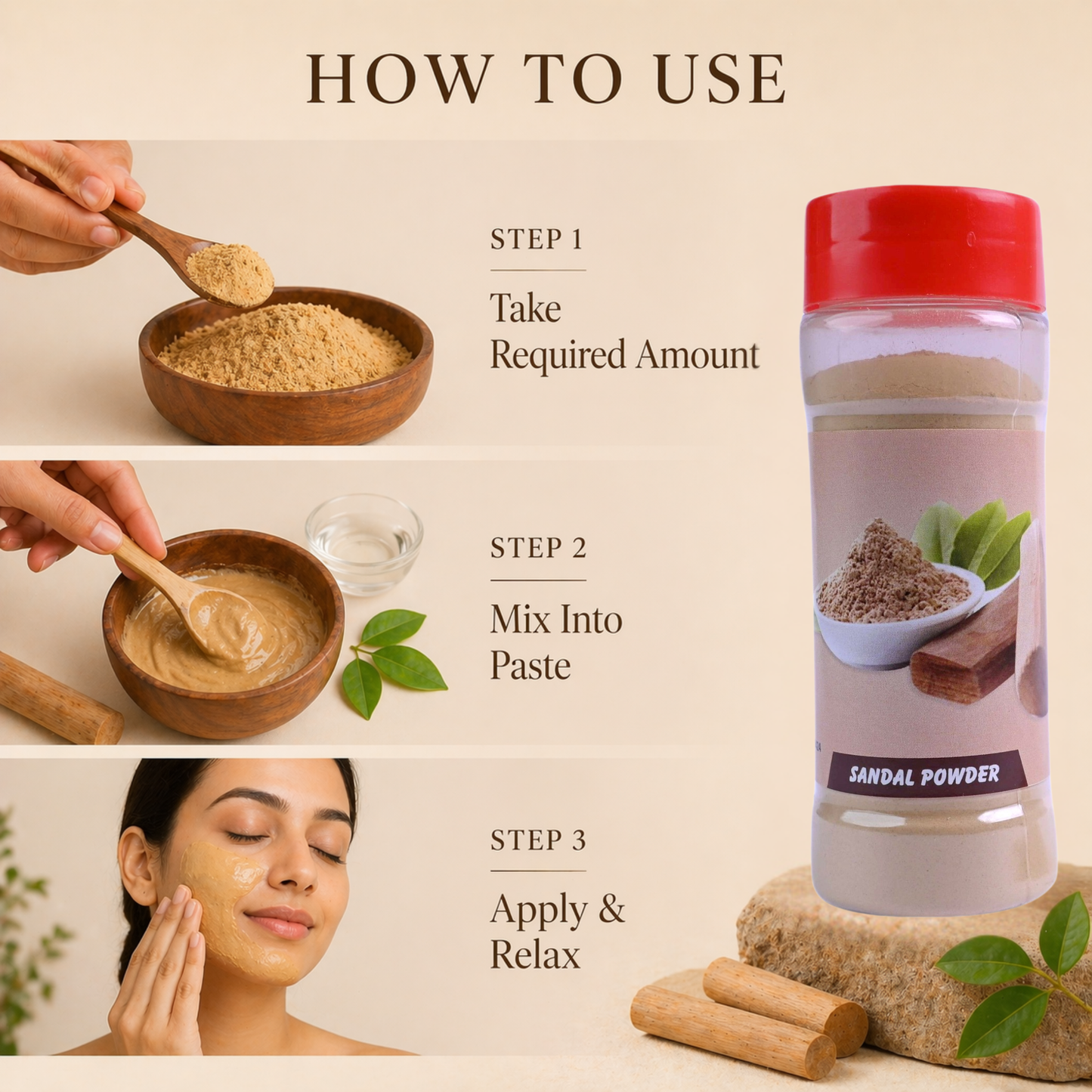 Instructions on how to use sandalwood powder with a bottle and ingredients.