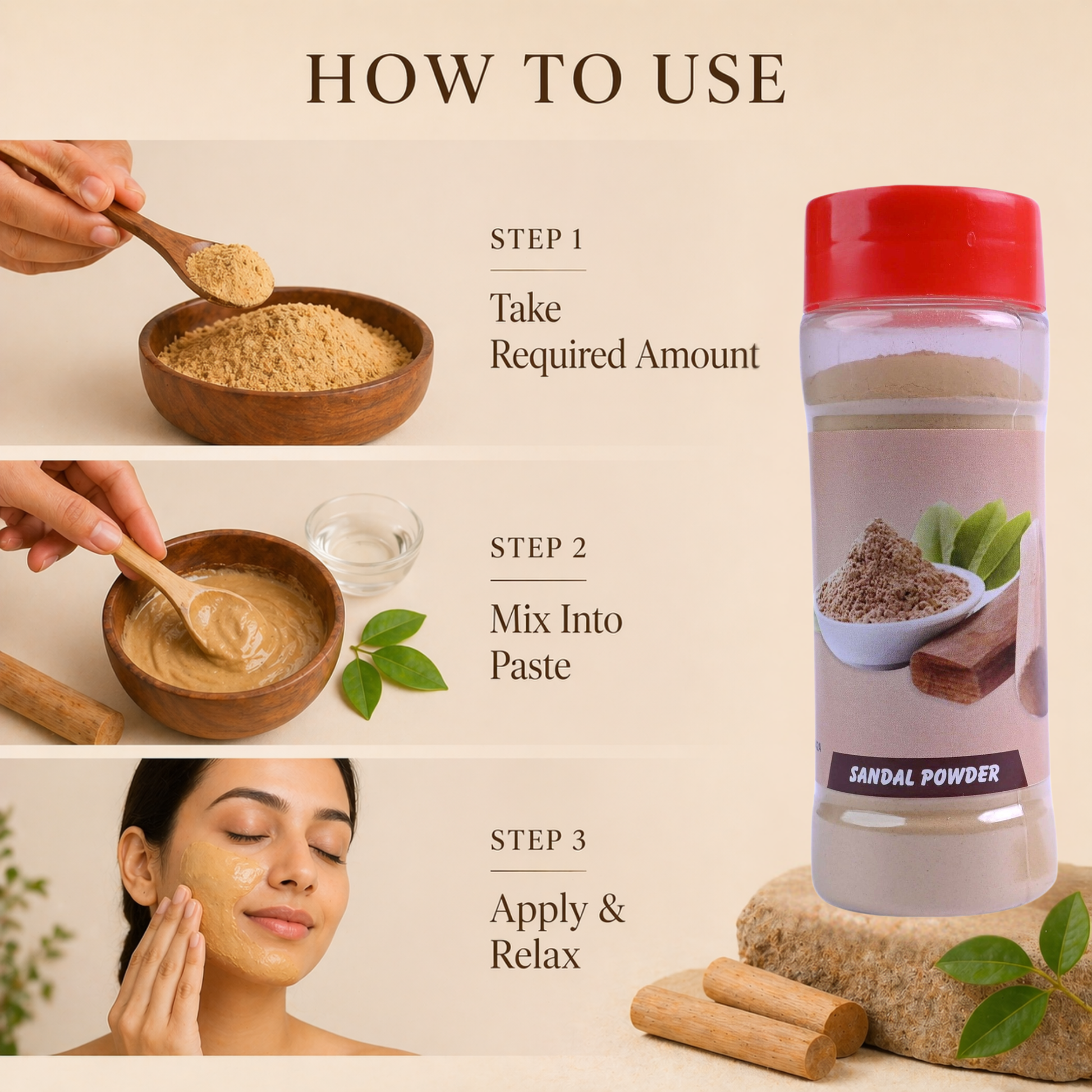 Instructions on how to use sandalwood powder with a bottle and ingredients.