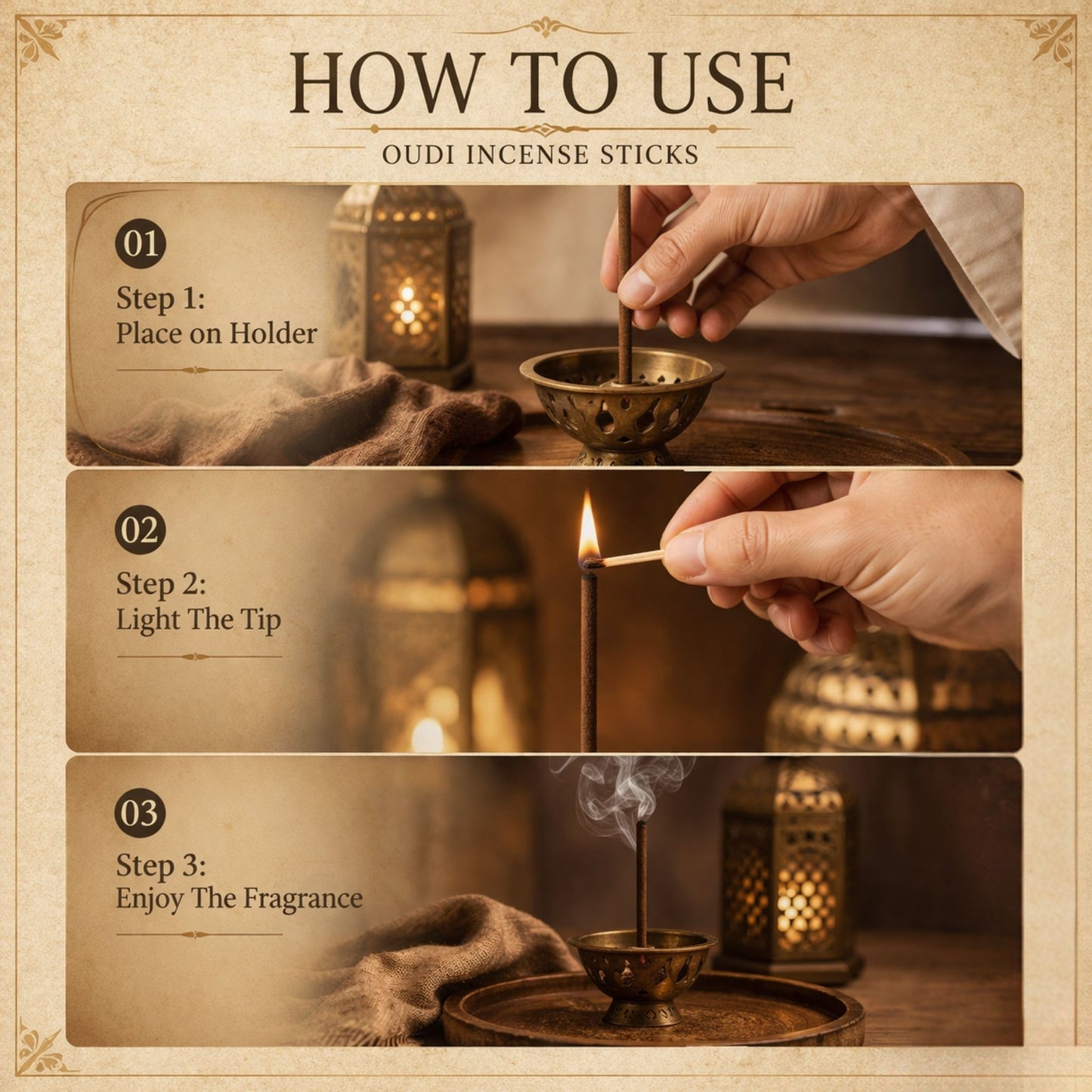 Instructions on how to use oudi incense sticks with a step-by-step guide.
