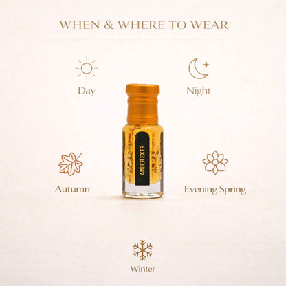 Amberextr perfume bottle with usage guidance on a light beige background