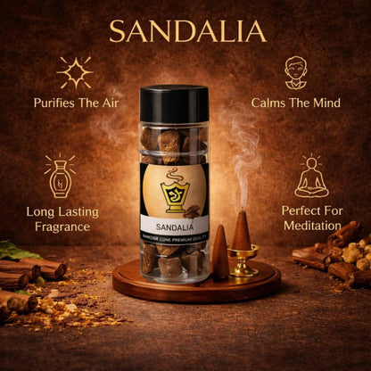 Sandalia incense product with features on a brown background
