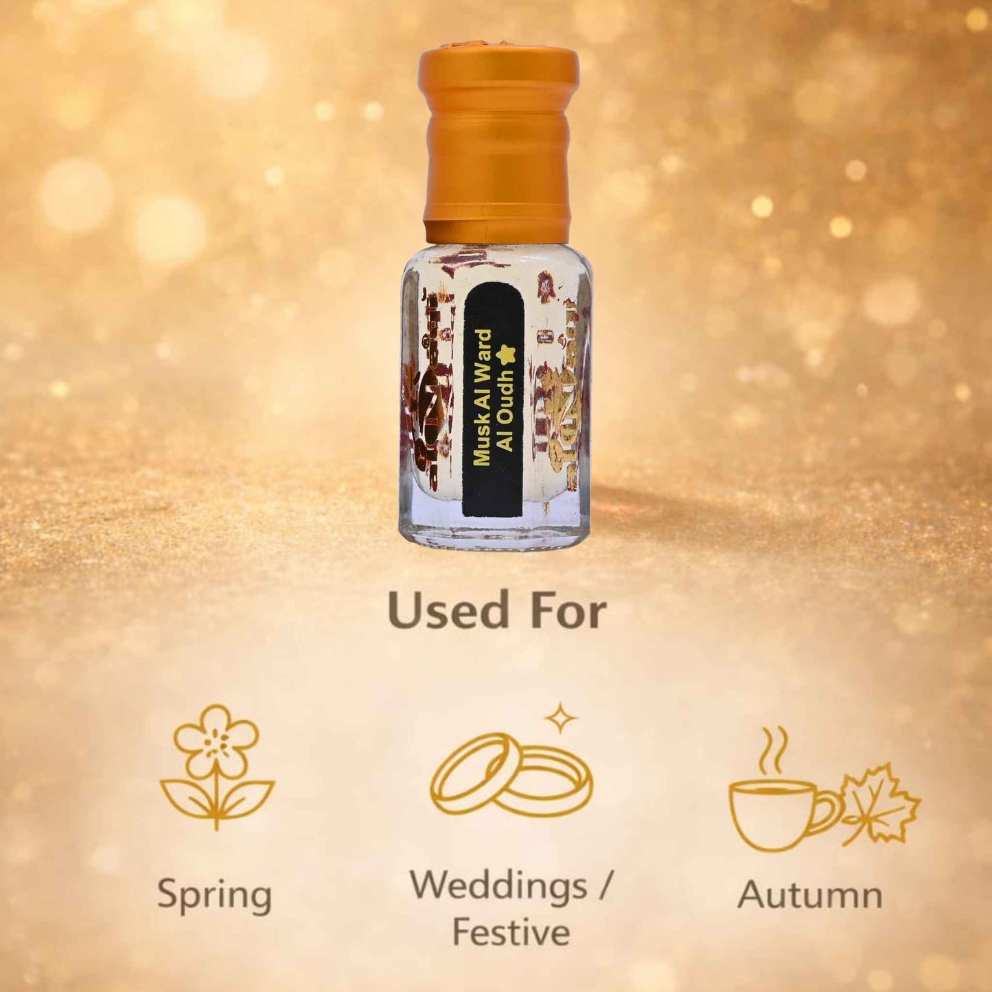 Perfume bottle with usage suggestions on a gold gradient background
