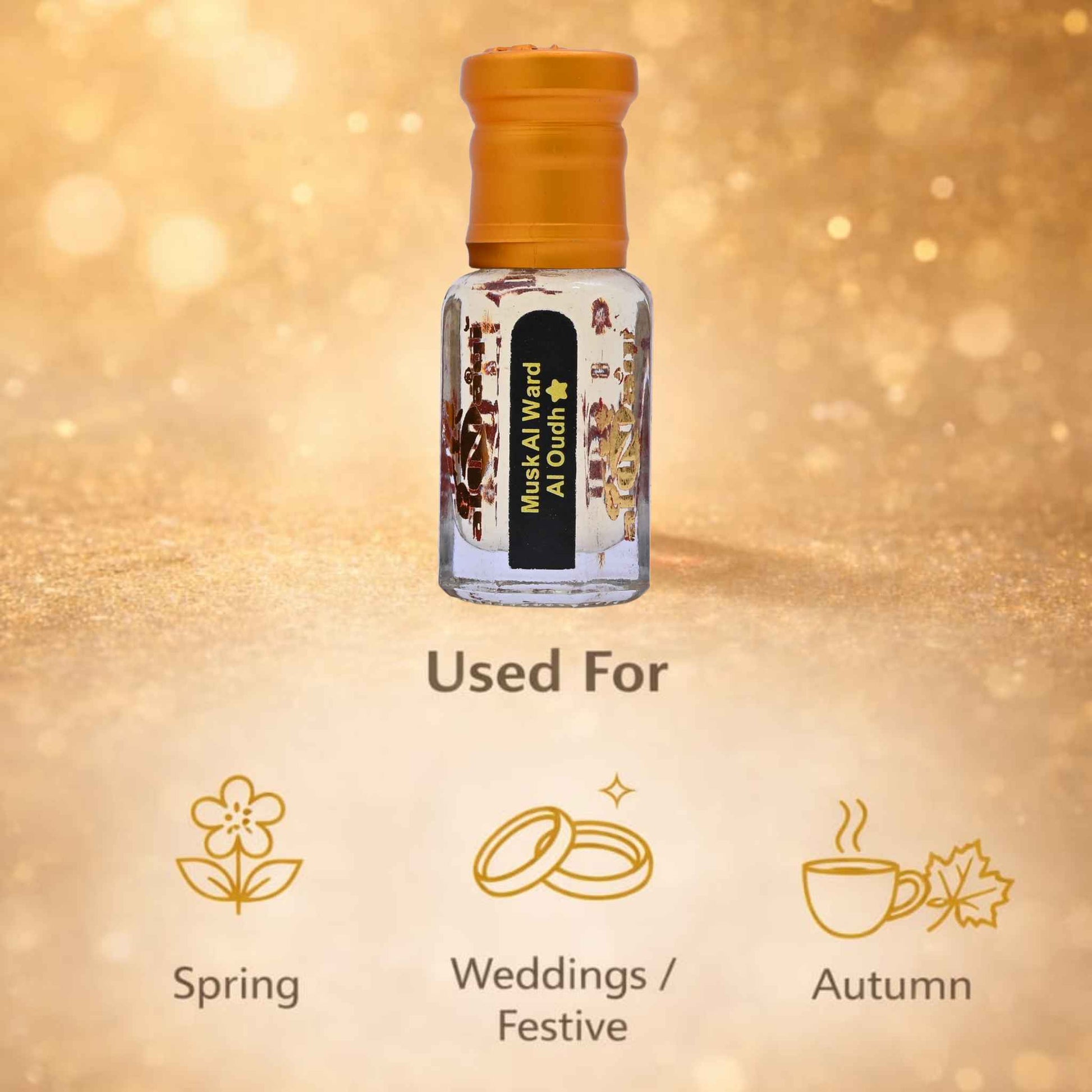 Perfume bottle with usage suggestions on a gold gradient background
