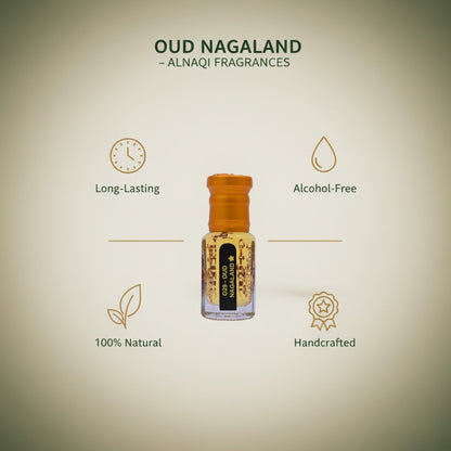 Oud Nagaland perfume bottle with features on a beige background