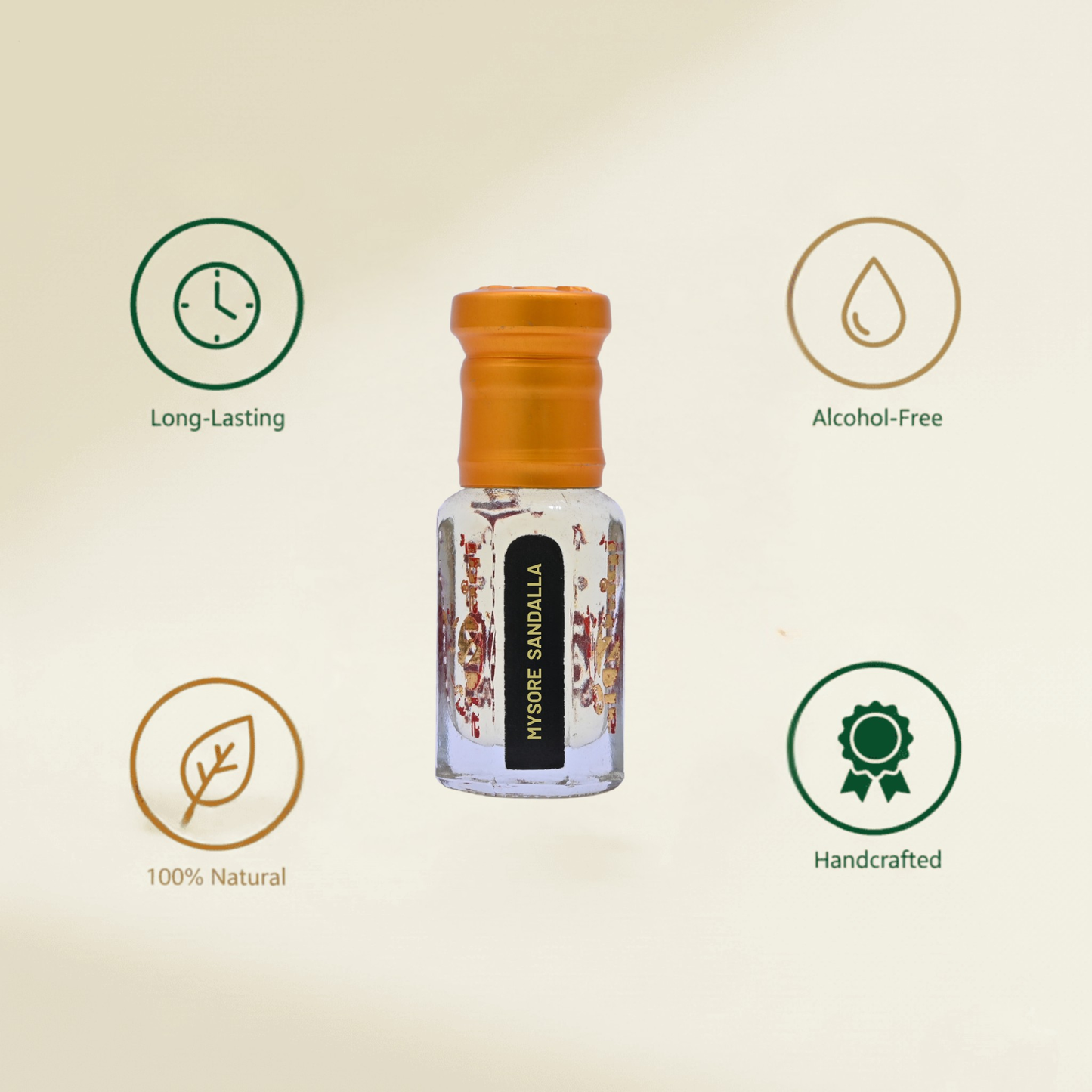 Premium glass attar bottle, dark background, soft golden light