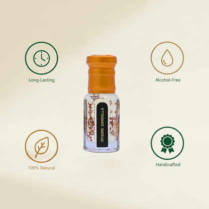 Premium glass attar bottle, dark background, soft golden light