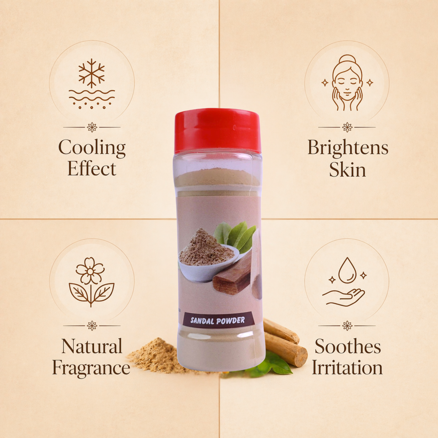 Bottle of sandalwood powder with icons and text highlighting its benefits on a beige background
