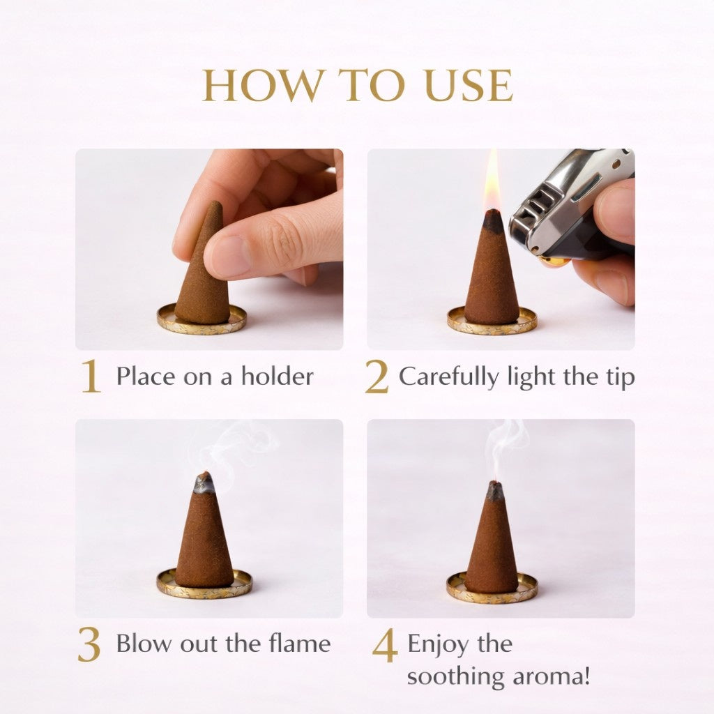 Step-by-step guide on how to use incense cones with text labels.