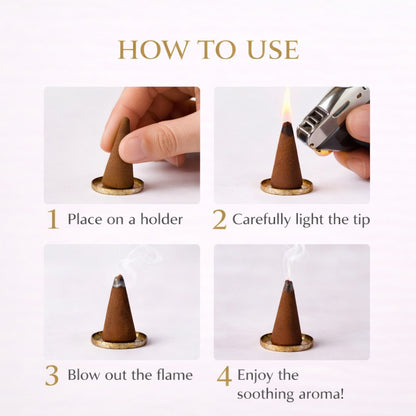 Step-by-step guide on how to use incense cones with text labels.